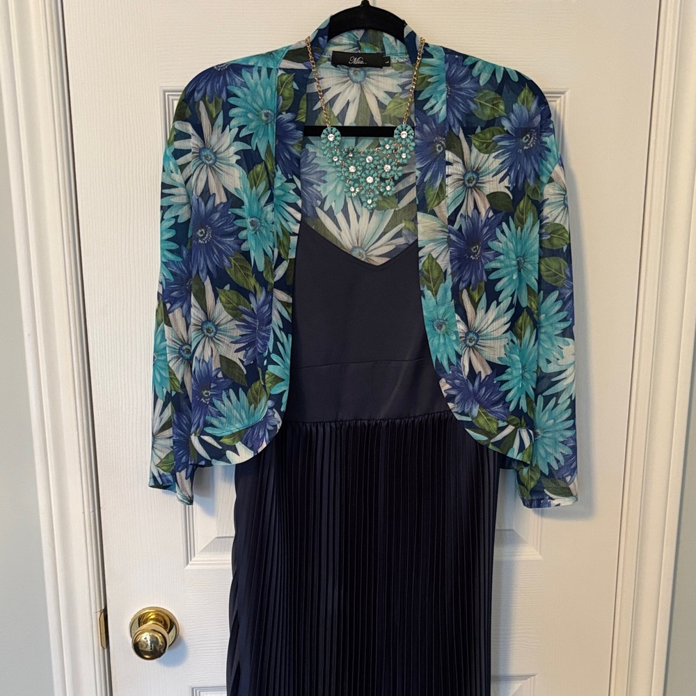 Pleated Navy Maxi Dress with 2 Bolero Jackets